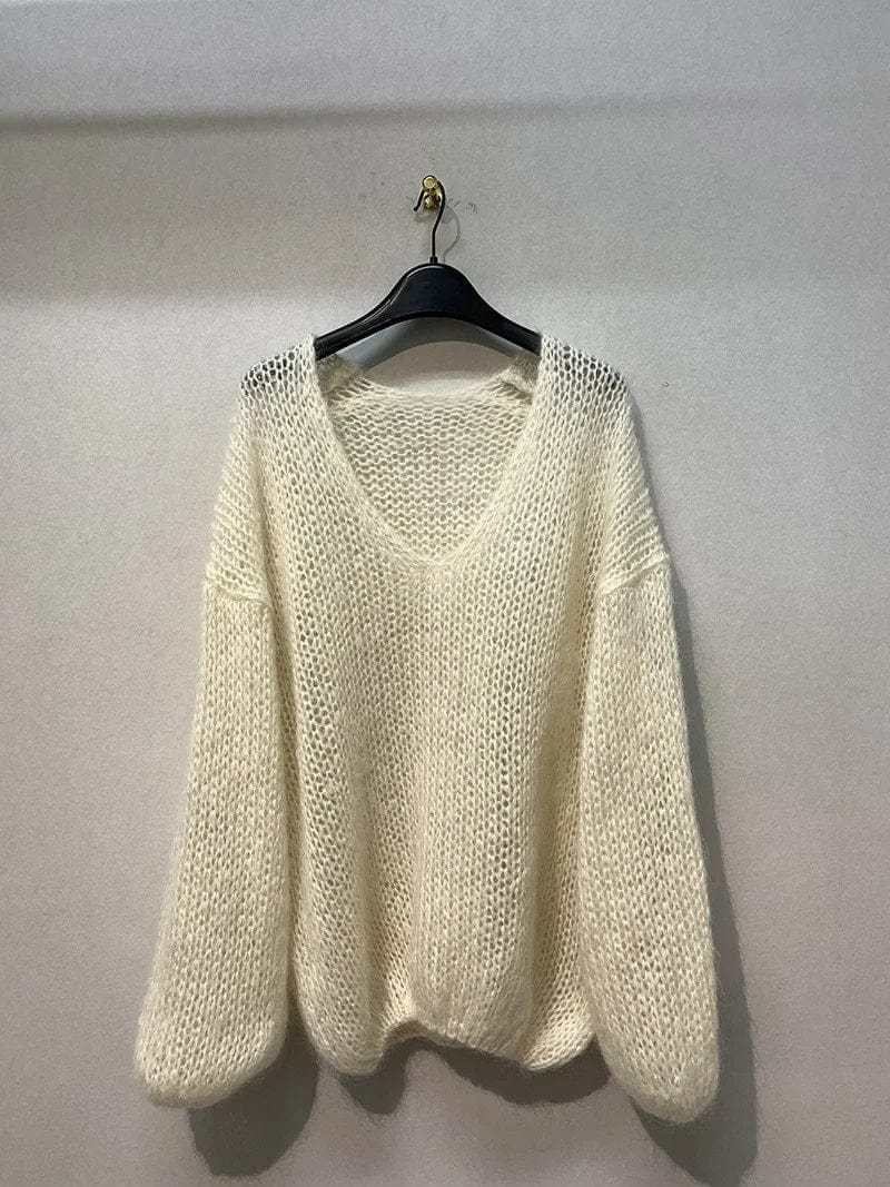 AS | Měkký pletený svetr topy V-Neck dlouhý rukáv volné Slim jednobarevný svetr